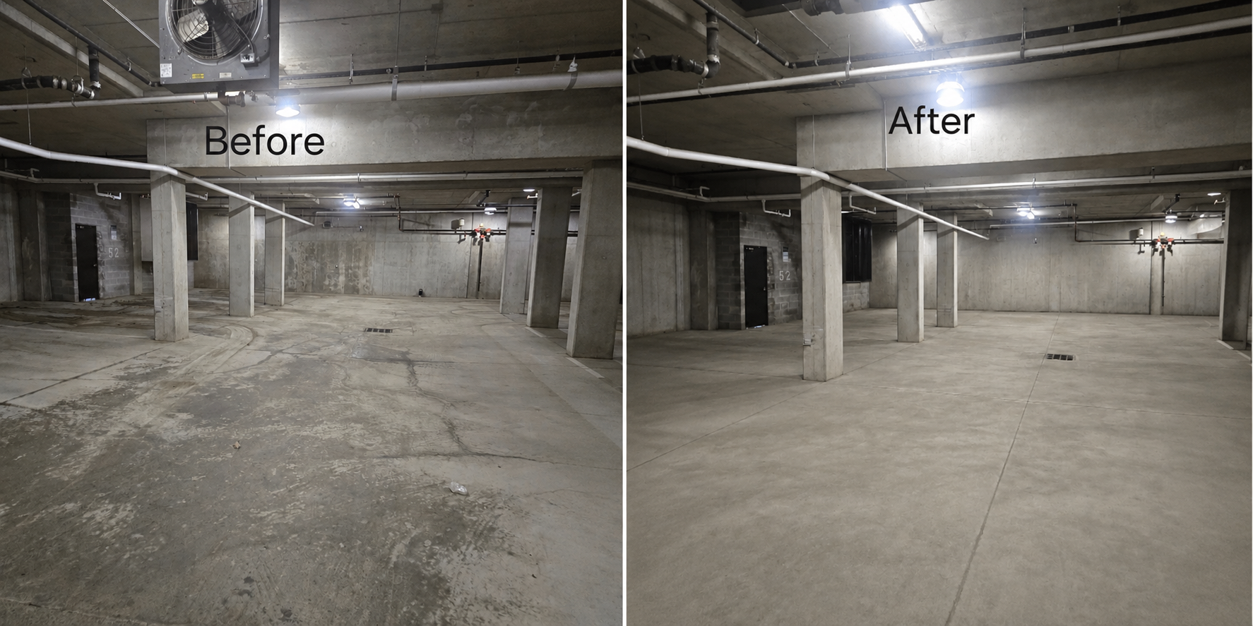 Before-and-after comparison of a cleaned commercial parking garage
