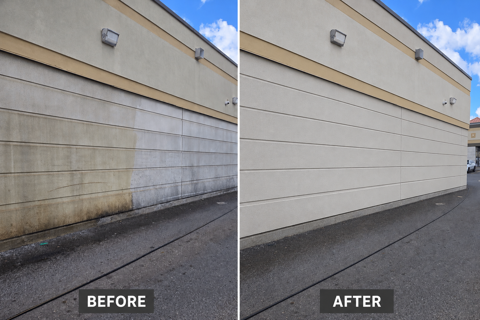 Before-and-after result from commercial soft washing